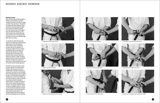 Sample pages from 'The Art of Weapons'; armed and unarmed self-defense involving common weapons; one in a series of remarkable books that provide an in-depth look at the core concepts and techniques shared by a broad range of martial arts styles. Contains over 350 practical techniques organized into in-depth chapters on the knife, short-stick, staff, cane, rope, common objects, and defense against handgun.