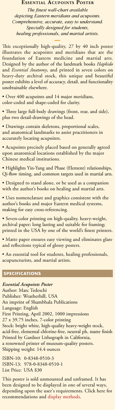 This exceptionally high-quality, 27 by 40 inch poster illustrates the acupoints and meridians that are the foundation of Eastern medicine and the martial arts. Designed by the author of the landmark books Hapkido and Essential Anatomy, and printed in seven colors on heavy-duty archival stock, this unique and beautiful poster exhibits a level of accuracy, detail, and functionality unobtainable elsewhere.
