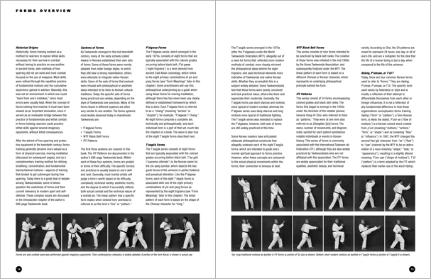 Sample pages from 'Taekwondo: Complete WTF Forms', an in-depth look at Taekwondo's most popular forms systems: Palgwae, Taeguk, and WTF Black Belt. Includes footwork diagrams and self-defense use.