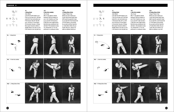 Sample pages from 'Taekwondo: Complete WTF Forms', an in-depth look at Taekwondo's most popular forms systems: Palgwae, Taeguk, and WTF Black Belt. Includes footwork diagrams and self-defense use.