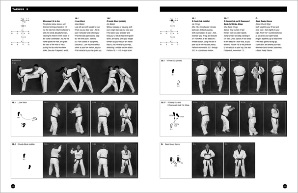 Sample pages from 'Taekwondo: Complete WTF Forms', an in-depth look at Taekwondo's most popular forms systems: Palgwae, Taeguk, and WTF Black Belt. Includes footwork diagrams and self-defense use.