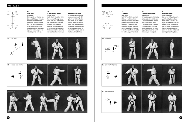 Sample pages from 'Taekwondo: Complete WTF Forms', an in-depth look at Taekwondo's most popular forms systems: Palgwae, Taeguk, and WTF Black Belt. Includes footwork diagrams and self-defense use.