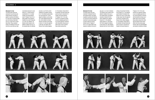 Sample pages from 'Taekwondo: Complete WTF Forms', an in-depth look at Taekwondo's most popular forms systems: Palgwae, Taeguk, and WTF Black Belt. Includes footwork diagrams and self-defense use.